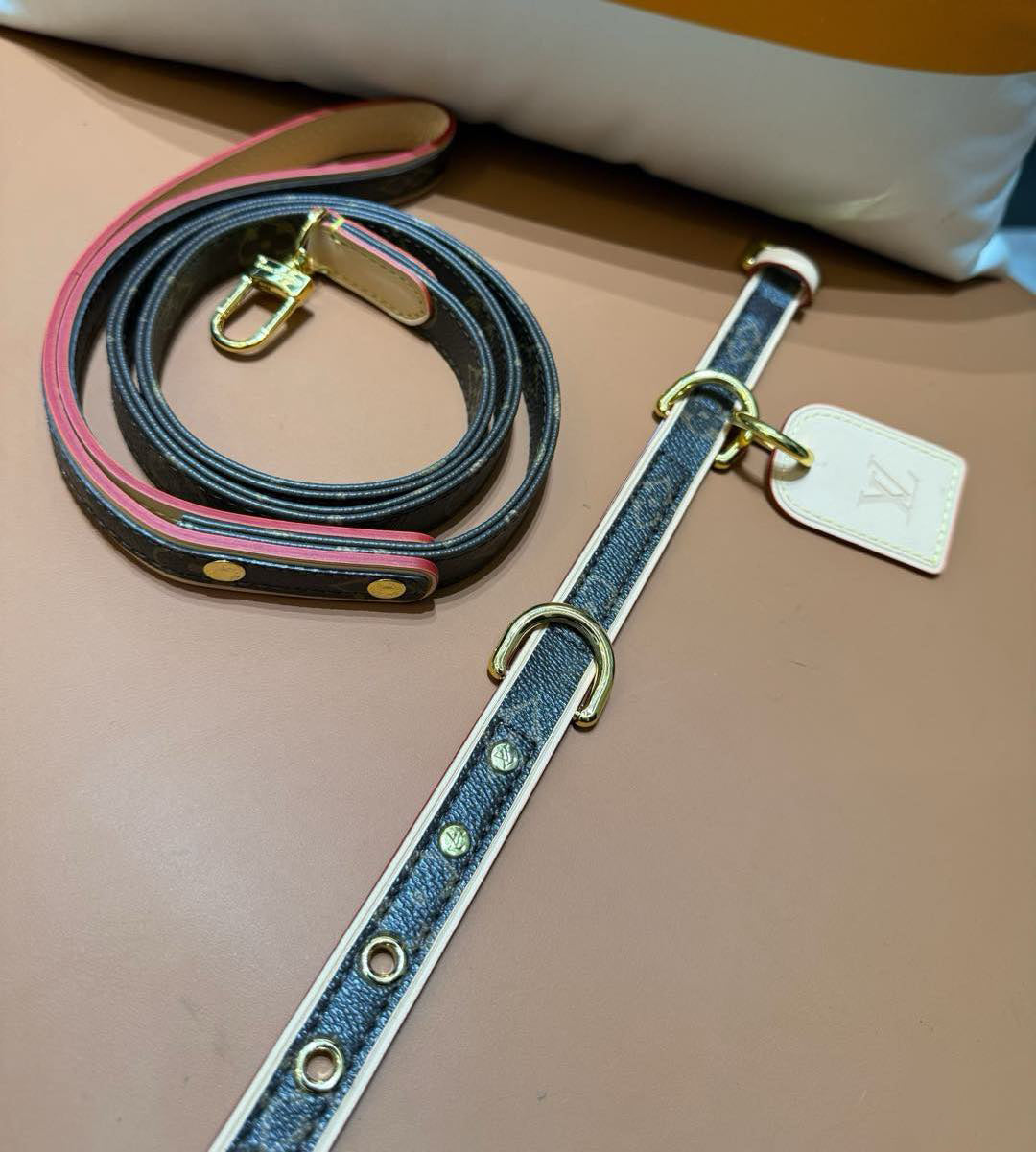 LV DOG COLLAR AND LEASH (BROWN)