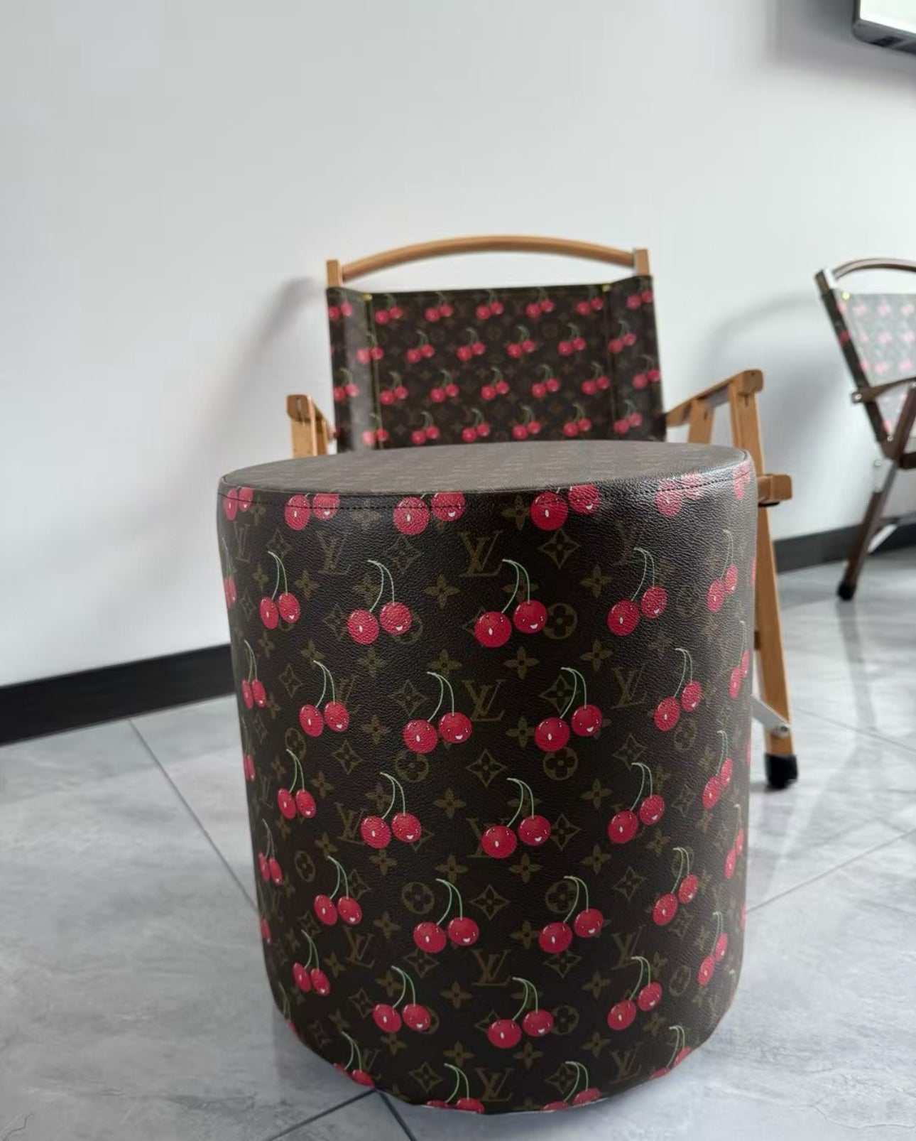 CUSTOM LV CHERRY OTTOMAN STOOL