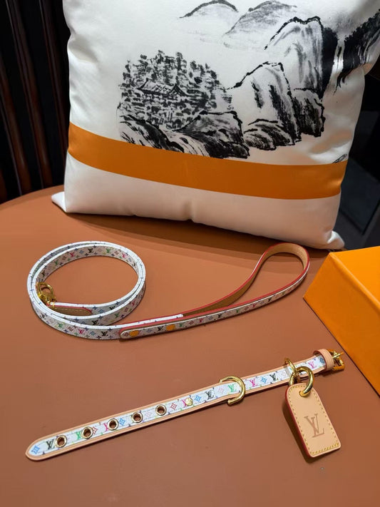 LV DOG COLLAR AND LEASH (WHITE MURAKAMI)