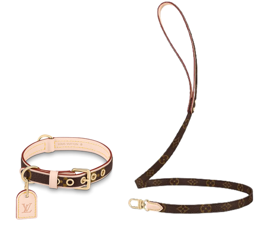 LV DOG COLLAR AND LEASH (BROWN)